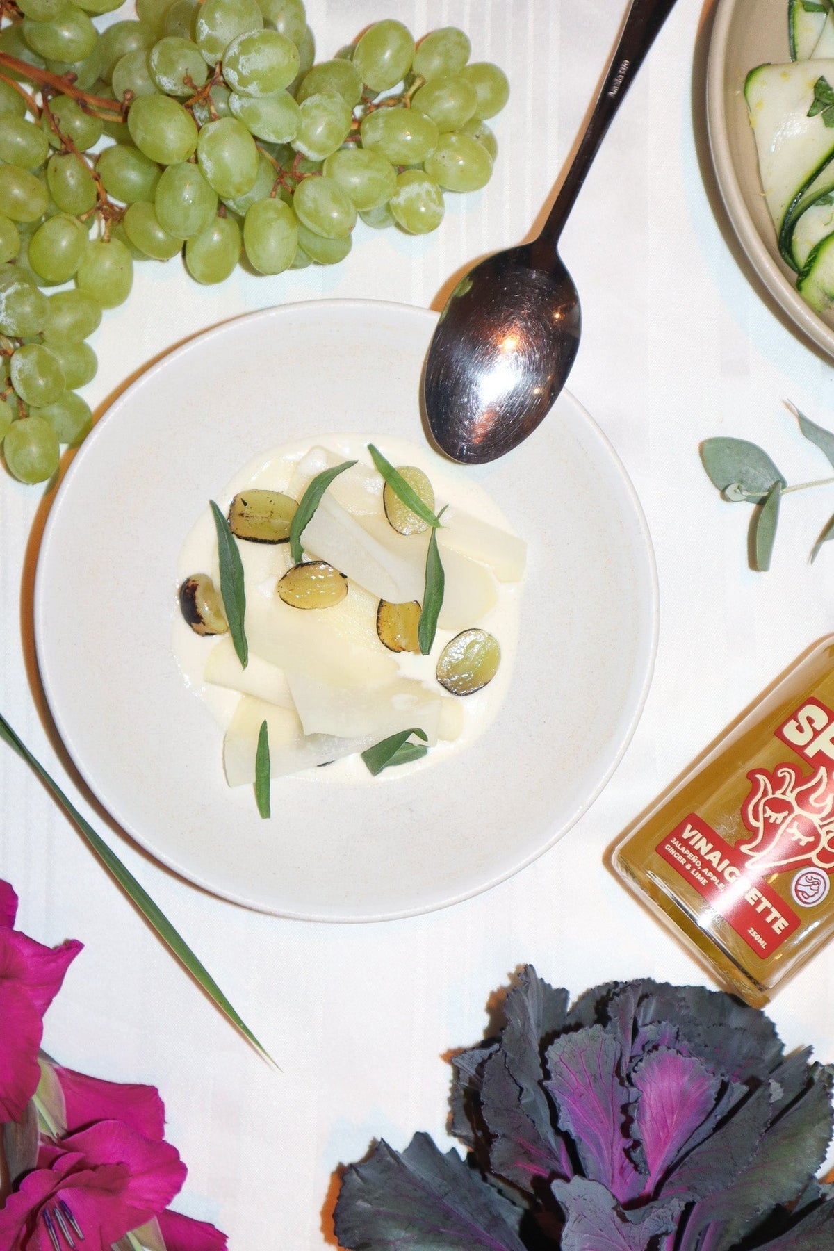 Ajo blanco | pickled kohlrabi | roasted grapes